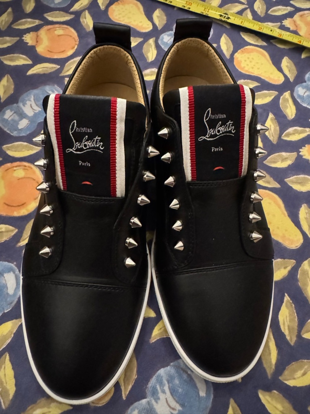 NWT Christian Louboutin Womens Black Leather Spike Slip-On Sneakers 9B